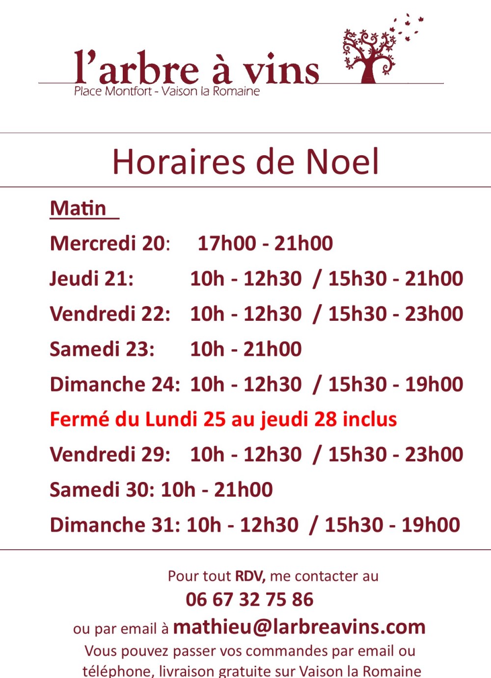 horaires noel